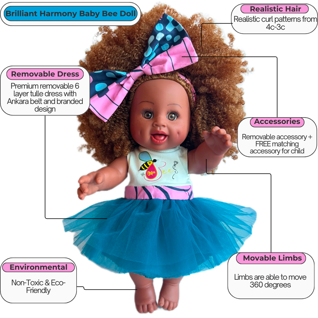 Brilliant Harmony Baby Bee Doll - Ginger Afro, Caramel Skin, Ankara Dress With Matching Hair Accessory